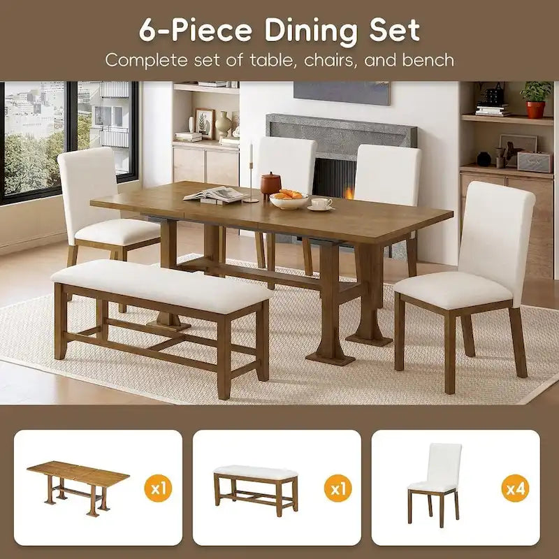 Ensemble de table à manger extensible 6 pièces style ferme avec étagère intégrée