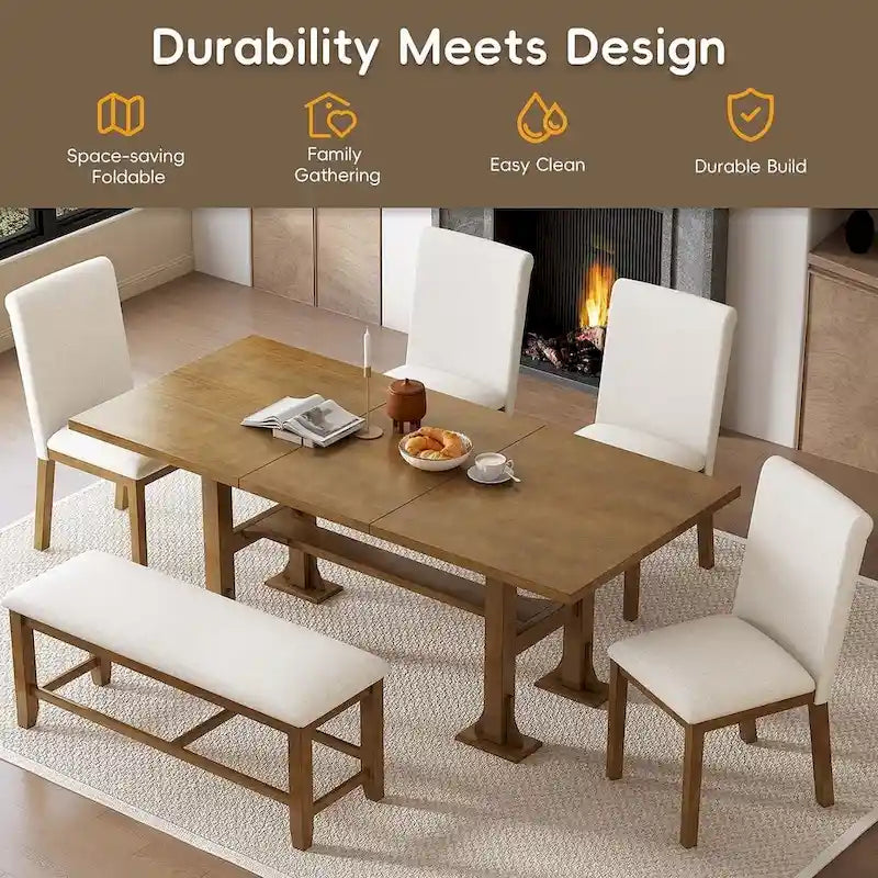 Ensemble de table à manger extensible 6 pièces style ferme avec étagère intégrée