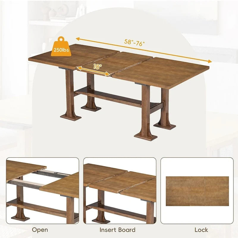 Ensemble de table à manger extensible 6 pièces style ferme avec étagère intégrée