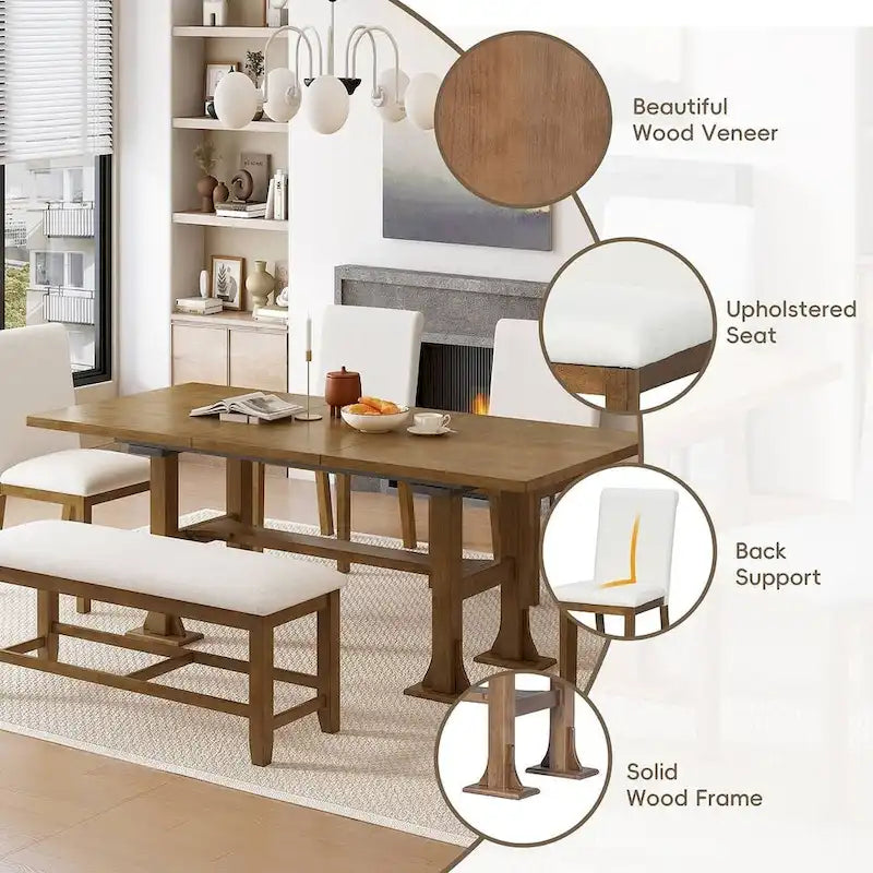 Ensemble de table à manger extensible 6 pièces style ferme avec étagère intégrée