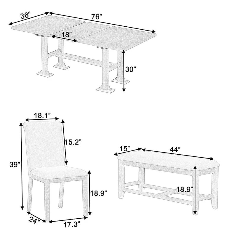 Ensemble de table à manger extensible 6 pièces style ferme avec étagère intégrée