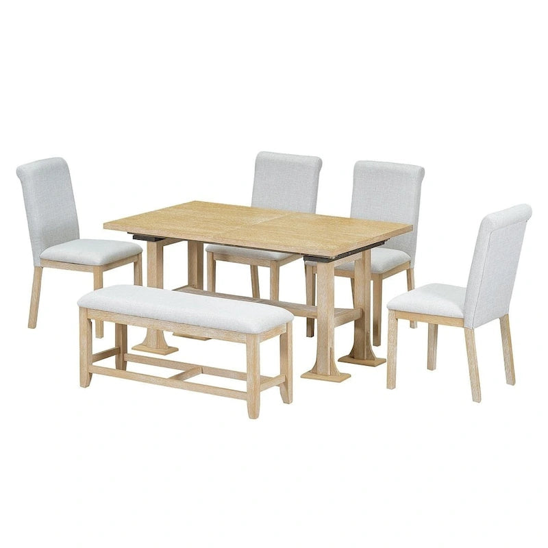 Ensemble de table à manger extensible 6 pièces style ferme avec étagère intégrée