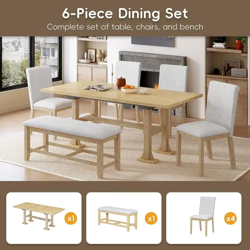 Ensemble de table à manger extensible 6 pièces style ferme avec étagère intégrée