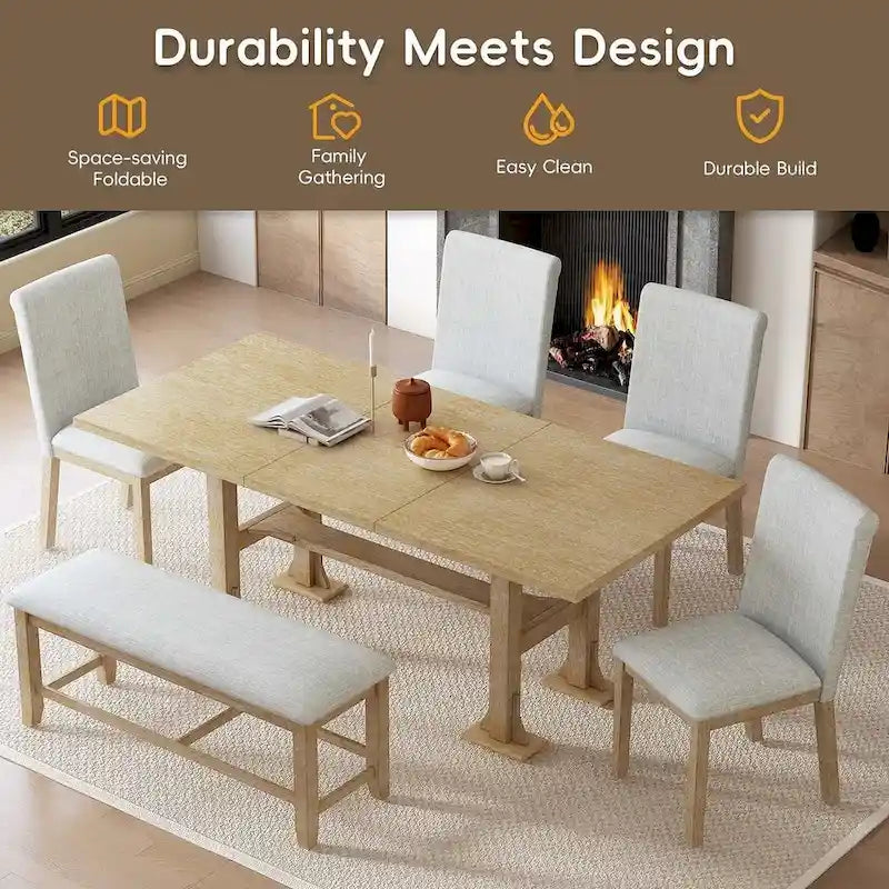 Ensemble de table à manger extensible 6 pièces style ferme avec étagère intégrée