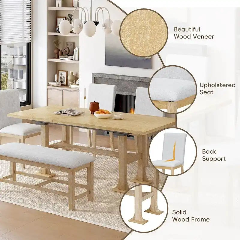 Ensemble de table à manger extensible 6 pièces style ferme avec étagère intégrée