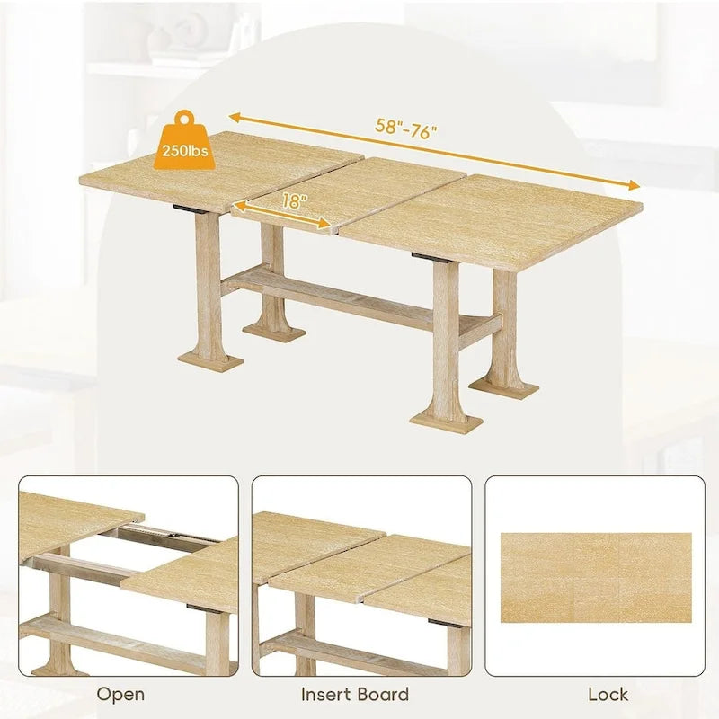Ensemble de table à manger extensible 6 pièces style ferme avec étagère intégrée