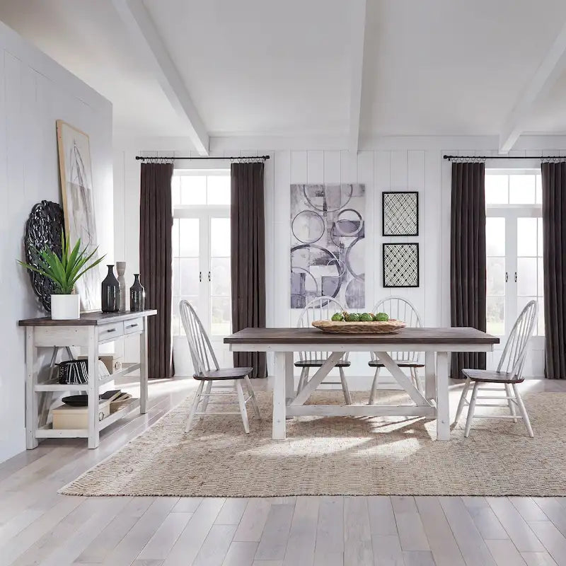 Ensemble de table à tréteaux 5 pièces style ferme, blanc et bois