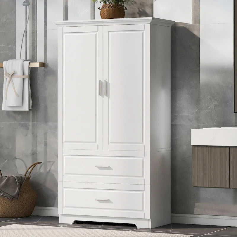 Armoire de rangement haute pour salle de bain avec deux portes et tiroirs