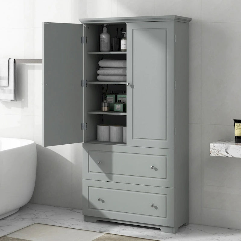 Armoire de rangement haute pour salle de bain avec deux portes et tiroirs