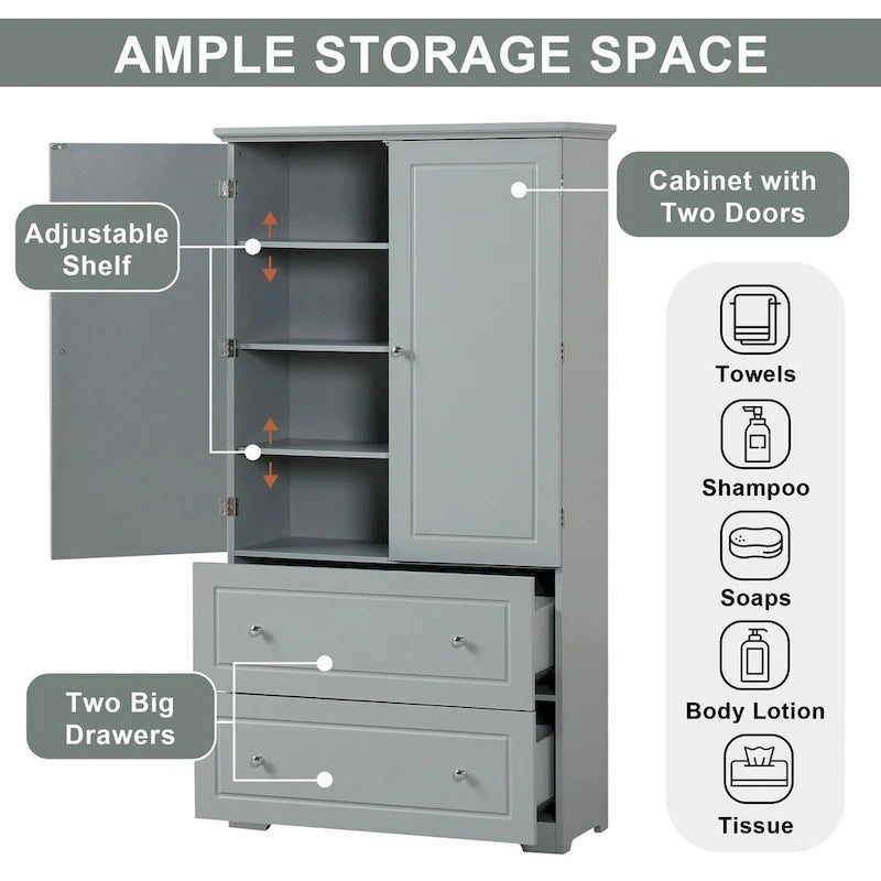 Armoire de rangement haute pour salle de bain avec deux portes et tiroirs