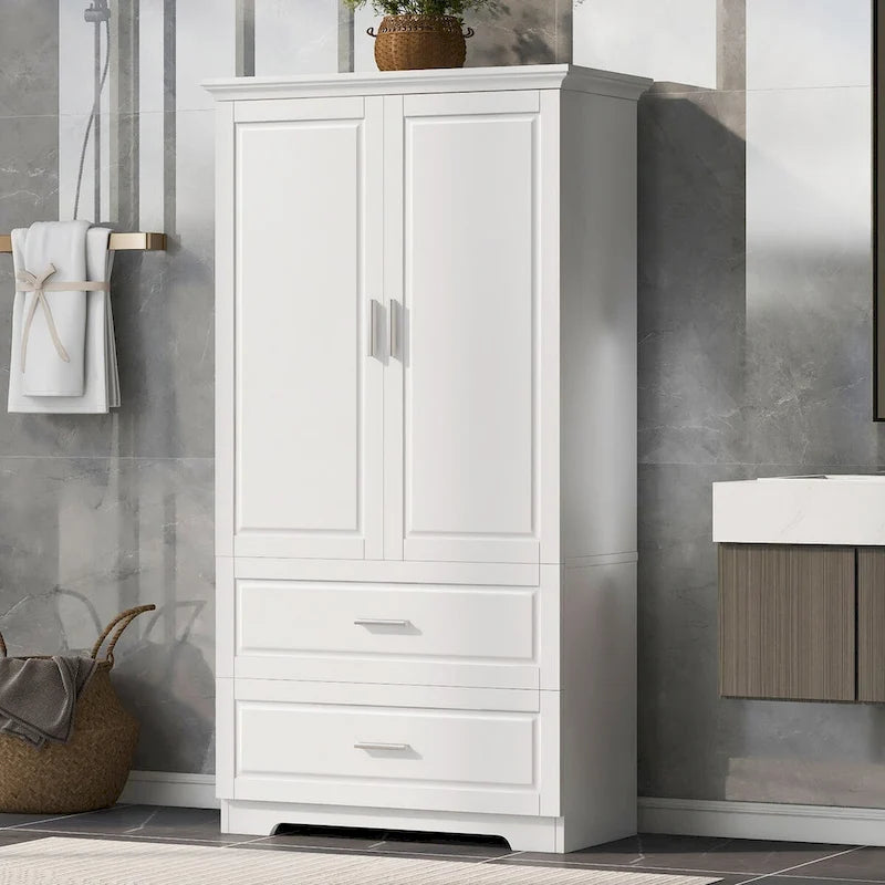 Armoire de rangement haute pour salle de bain avec deux portes et tiroirs