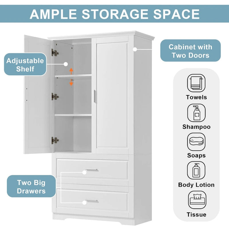 Armoire de rangement haute pour salle de bain avec deux portes et tiroirs