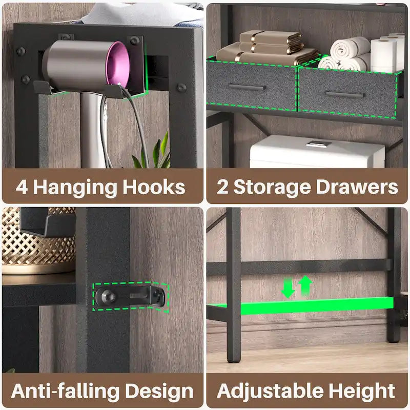 Étagère de rangement de 31 po de largeur à installer au-dessus des toilettes, avec 2 tiroirs et 4 crochets, pour la salle de bain et la buanderie.