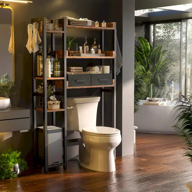 Étagère de rangement de 31 po de largeur à installer au-dessus des toilettes, avec 2 tiroirs et 4 crochets, pour la salle de bain et la buanderie.