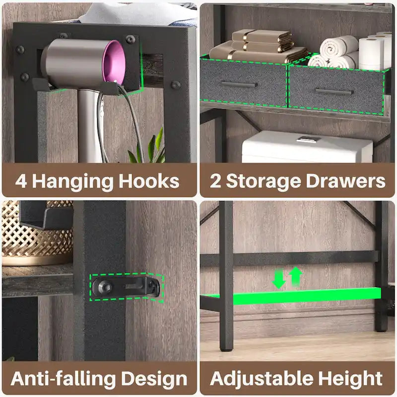 Étagère de rangement de 31 po de largeur à installer au-dessus des toilettes, avec 2 tiroirs et 4 crochets, pour la salle de bain et la buanderie.