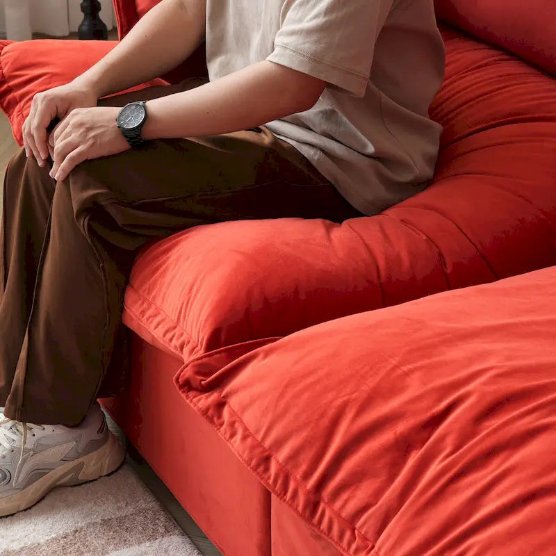 Canapé d'angle en velours en forme de U, canapé convertible à assise large et profonde garni de plumes et de duvet, avec 2 poufs de rangement.