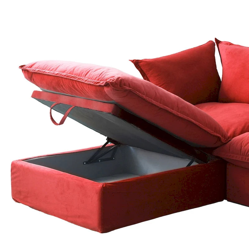 Canapé d'angle en velours en forme de U, canapé convertible à assise large et profonde garni de plumes et de duvet, avec 2 poufs de rangement.