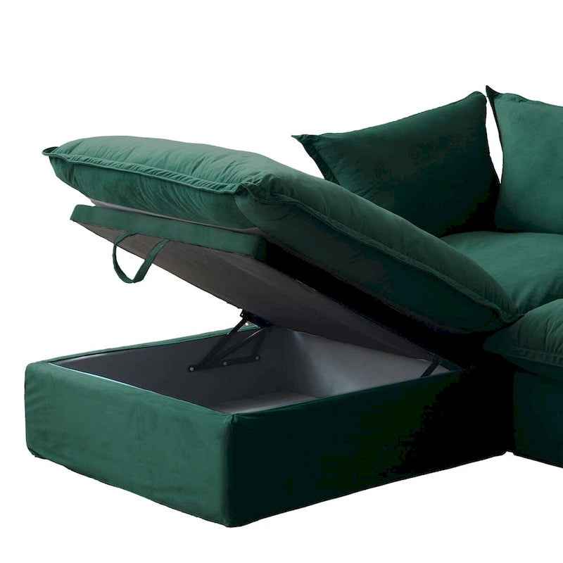 Canapé d'angle en velours en forme de U, canapé convertible à assise large et profonde garni de plumes et de duvet, avec 2 poufs de rangement.