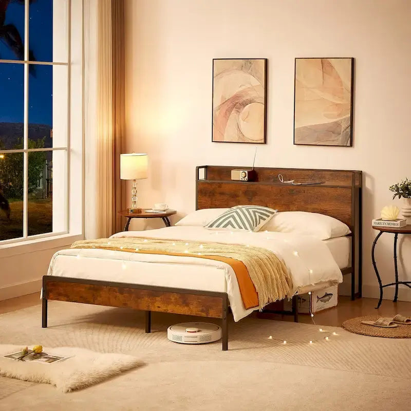 Cadre de lit double avec station de recharge, panneaux de particules, marron rustique