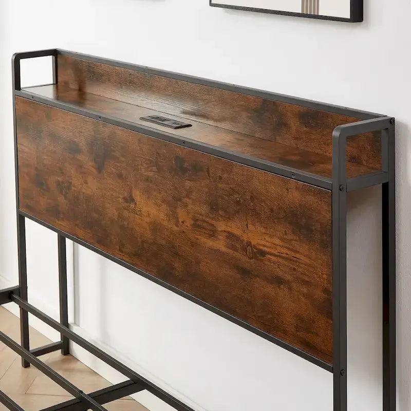 Cadre de lit double avec station de recharge, panneaux de particules, marron rustique