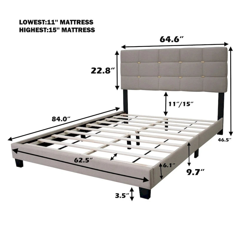 Cadre de lit rembourré ajustable Queen Size, élégant, durable et résistant à la saleté, sans besoin de matelas à ressorts encombrants.
