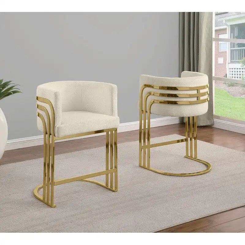 Tabouret de bar en tissu Teddy de qualité supérieure avec base chromée dorée (lot de 2) - Non disponible