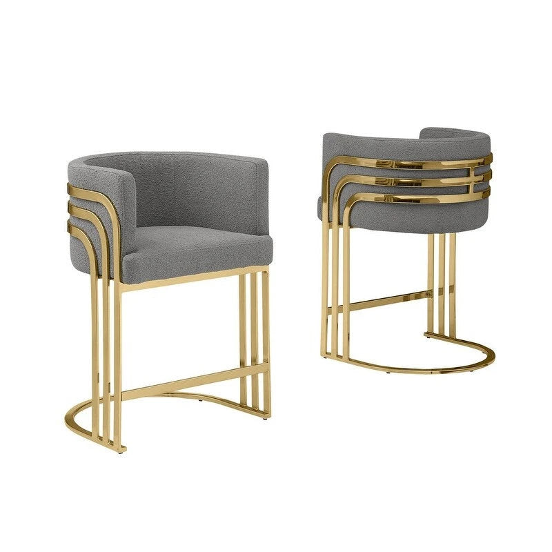 Tabouret de bar en tissu Teddy de qualité supérieure avec base chromée dorée (lot de 2) - Non disponible