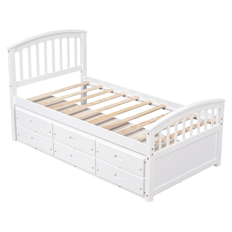 Lit plateforme double avec rangement, en bois massif, 6 tiroirs