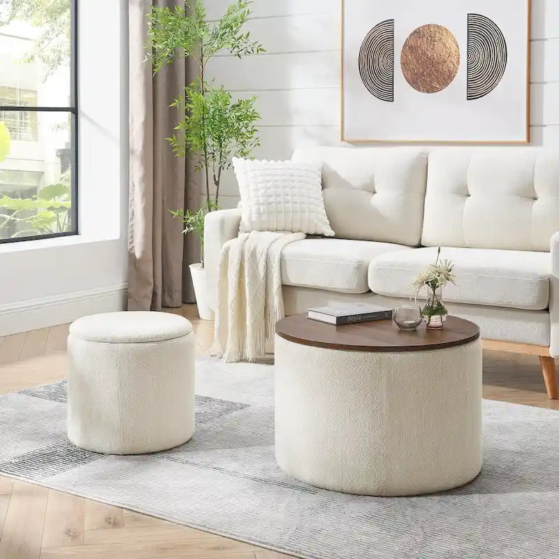 Pouf de rangement rond en chenille, composé de 2 pièces, comprenant un petit tabouret cylindrique, un espace de rangement et un plateau en MDF.