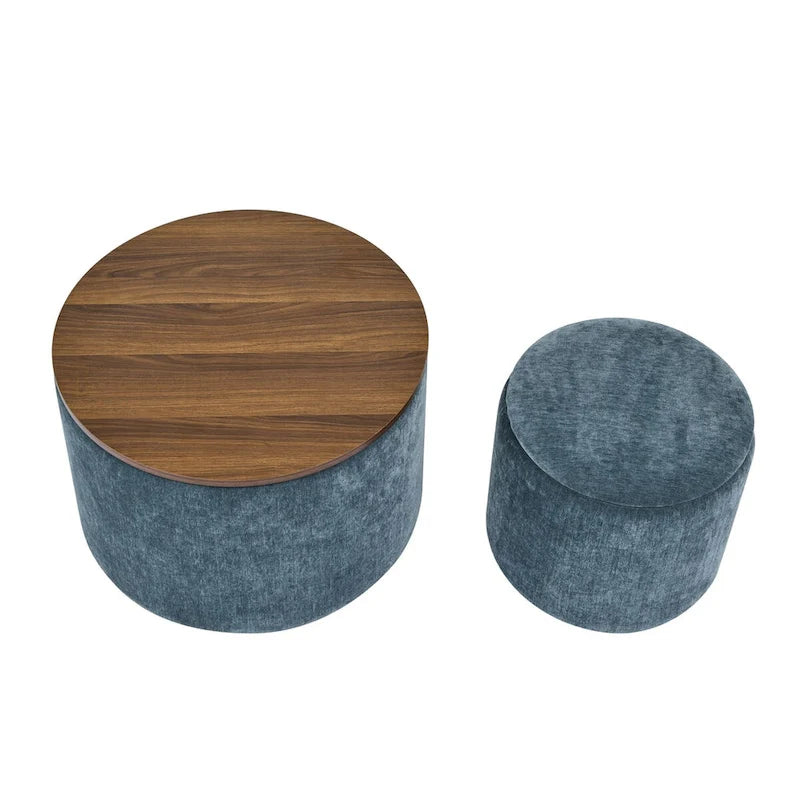 Pouf de rangement rond en chenille, composé de 2 pièces, comprenant un petit tabouret cylindrique, un espace de rangement et un plateau en MDF.