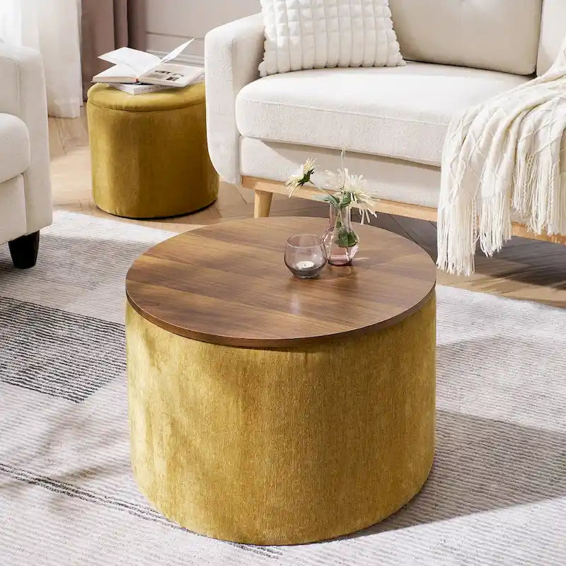 Pouf de rangement rond en chenille, composé de 2 pièces, comprenant un petit tabouret cylindrique, un espace de rangement et un plateau en MDF.