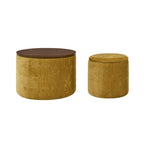 Pouf de rangement rond en chenille, composé de 2 pièces, comprenant un petit tabouret cylindrique, un espace de rangement et un plateau en MDF.