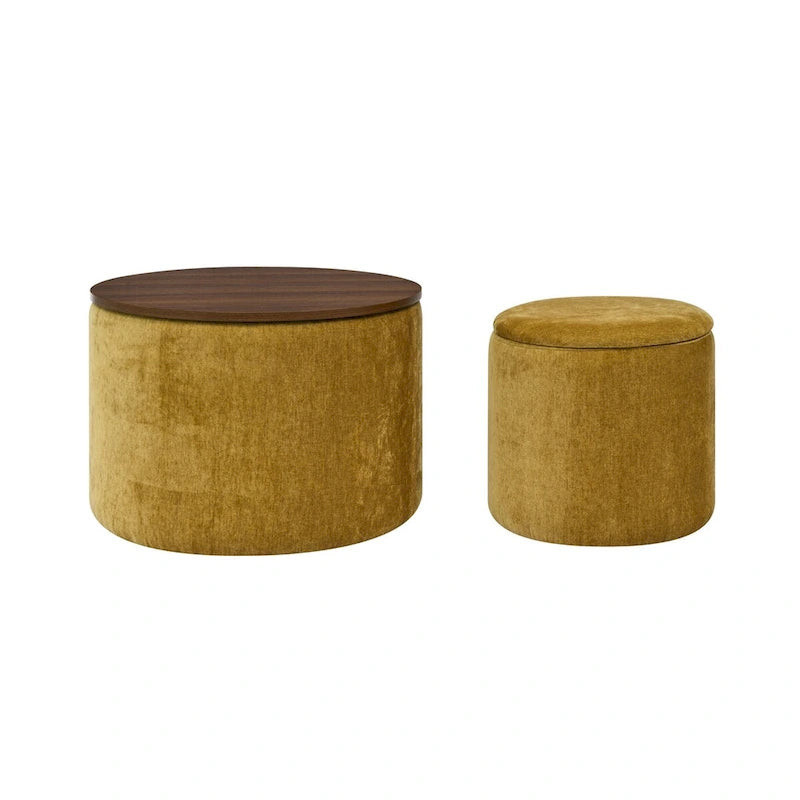 Pouf de rangement rond en chenille, composé de 2 pièces, comprenant un petit tabouret cylindrique, un espace de rangement et un plateau en MDF.