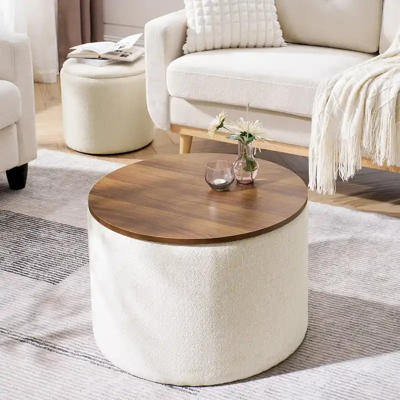 Pouf de rangement rond en chenille, composé de 2 pièces, comprenant un petit tabouret cylindrique, un espace de rangement et un plateau en MDF.