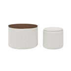 Pouf de rangement rond en chenille, composé de 2 pièces, comprenant un petit tabouret cylindrique, un espace de rangement et un plateau en MDF.