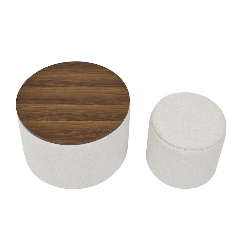 Pouf de rangement rond en chenille, composé de 2 pièces, comprenant un petit tabouret cylindrique, un espace de rangement et un plateau en MDF.