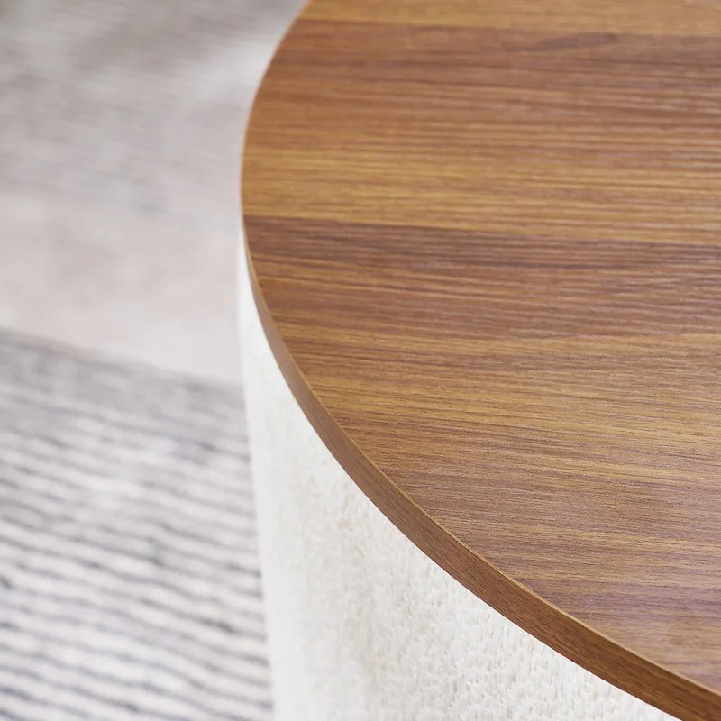 Pouf de rangement rond en chenille, composé de 2 pièces, comprenant un petit tabouret cylindrique, un espace de rangement et un plateau en MDF.