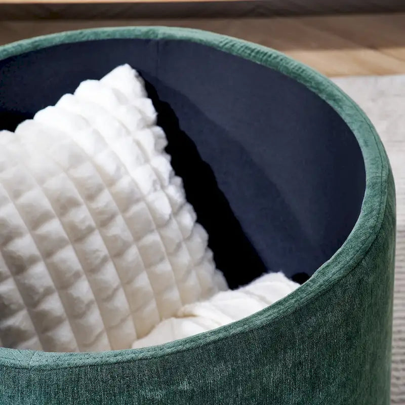 Pouf de rangement rond en chenille, composé de 2 pièces, comprenant un petit tabouret cylindrique, un espace de rangement et un plateau en MDF.