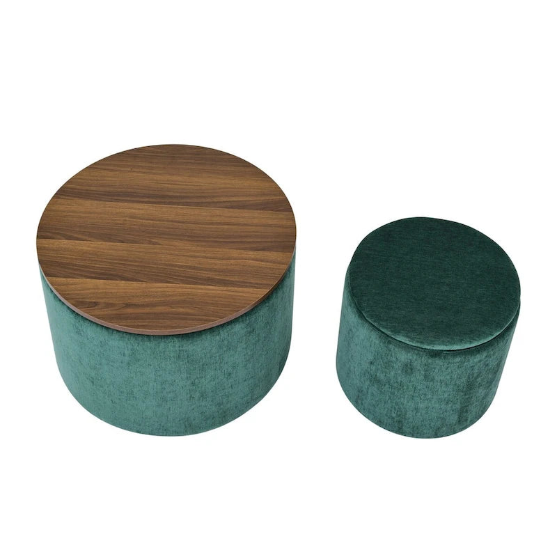 Pouf de rangement rond en chenille, composé de 2 pièces, comprenant un petit tabouret cylindrique, un espace de rangement et un plateau en MDF.