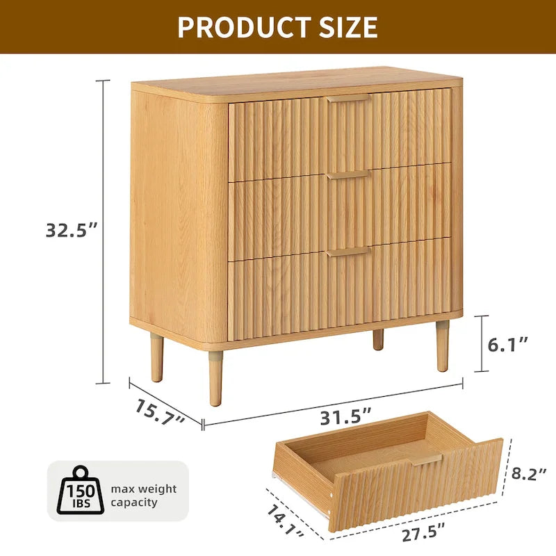 Commode à 3 tiroirs avec panneau ondulé en bois
